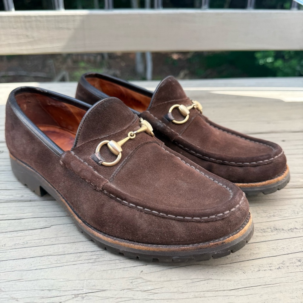 Gucci Brown Suede Horsebit Lug Sole Loafers size 9.5 D